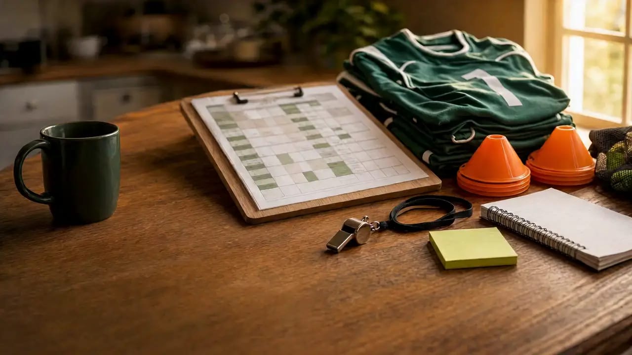 A team manager's kitchen table covered with the season: schedule clipboard, folded jerseys, whistle, and cones