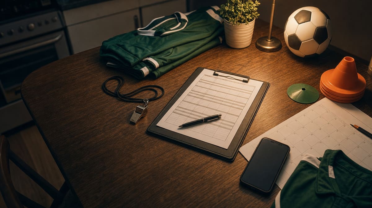 A season command center on a kitchen table at dusk
