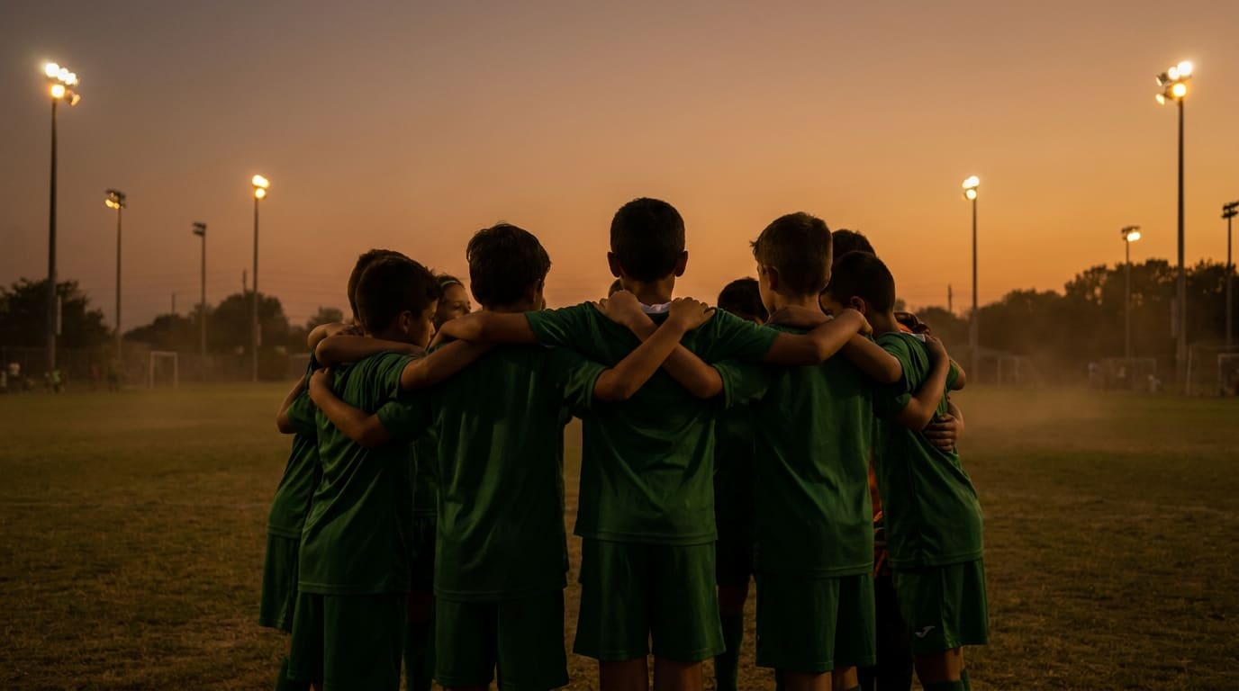 A youth team in a huddle under the lights at dusk