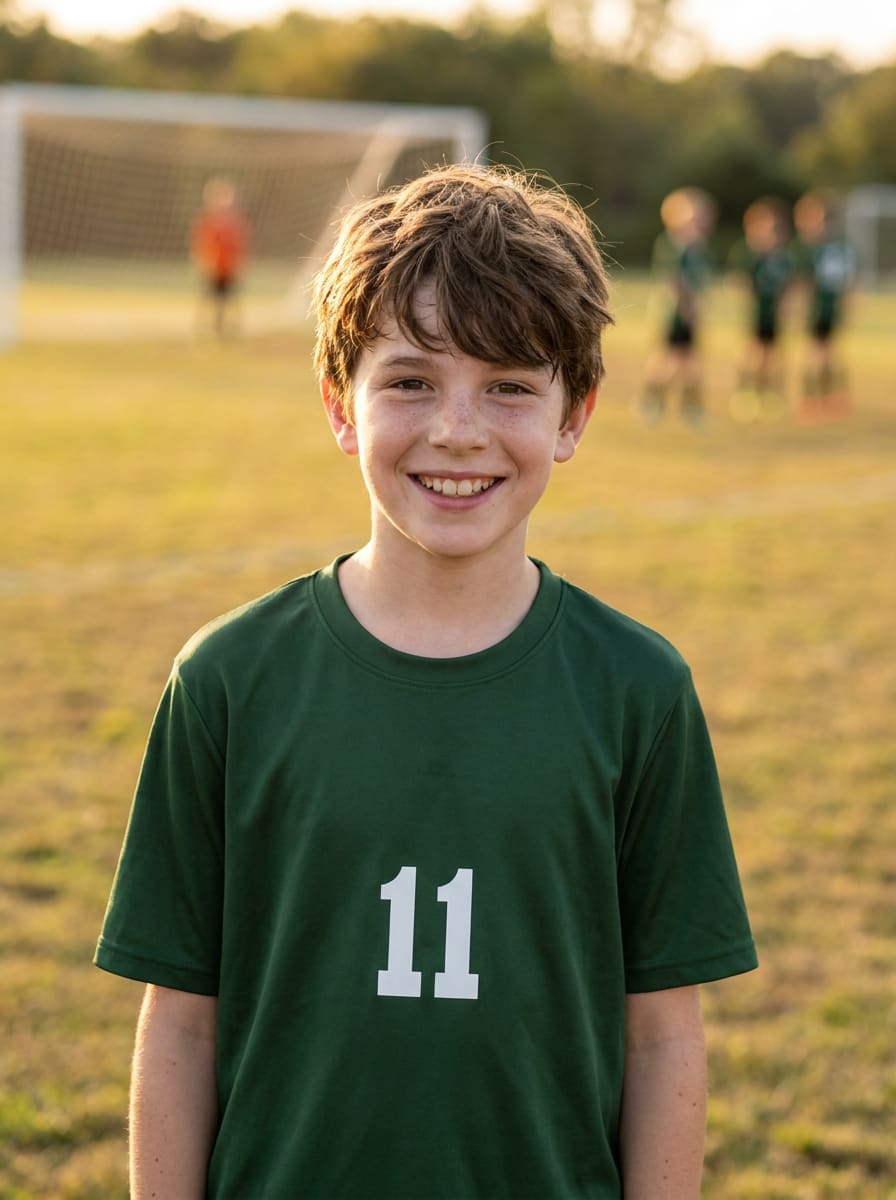 A young player smiling on the field in a team jersey